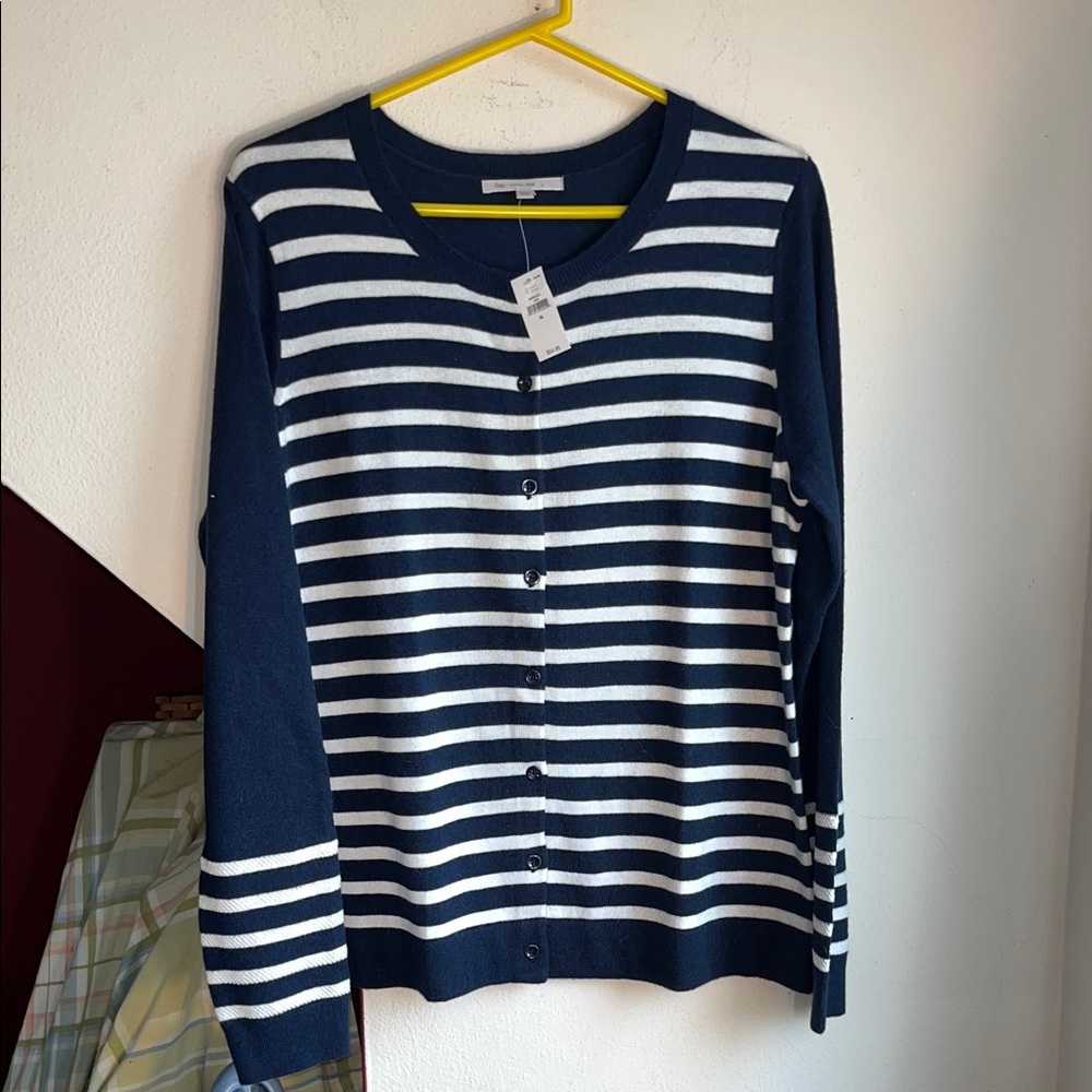 Gap Women Navy White Sequins Stripe Cardigan Sweater Extra‎ Large XL Nautical